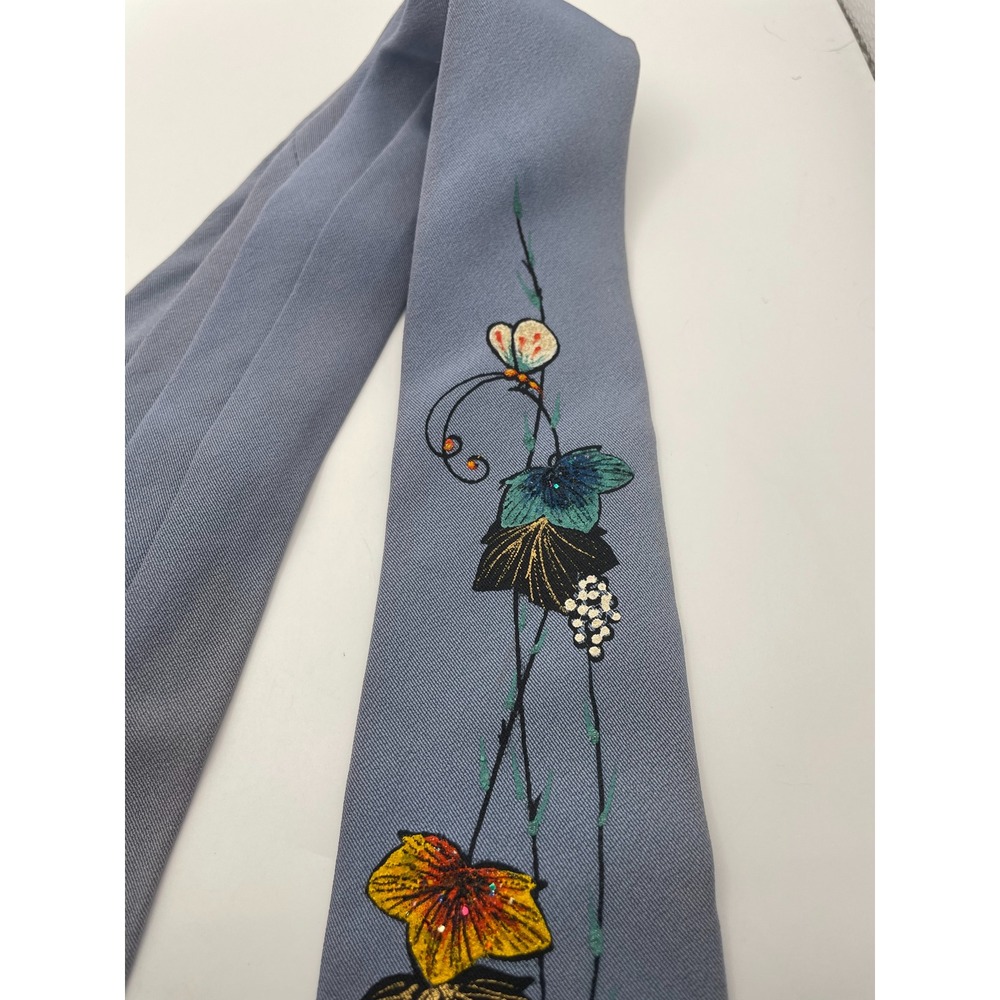 Vintage Penney's Towncraft Hand Painted Floral Butterfly Tie Blue California MCM